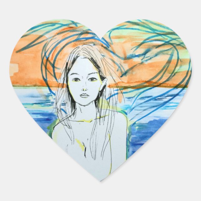 Sjöfåglar (vattenfärg, Bläck) Hjärtformat Klistermärke (Framsida)