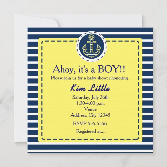 Sjöfart Ankare Bebis Baby Shower Gul Blå Inbjudan (Framsida)