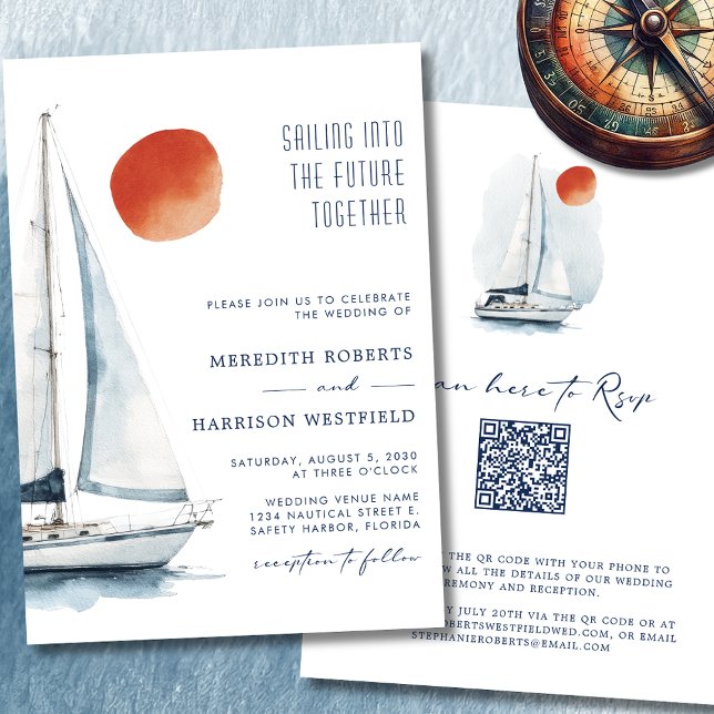 Sjöfart i framtiden tillsammans med Nautisk Bröllo Inbjudningar (Sailing Into The Future Together Sailboat Wedding Invitation 1)