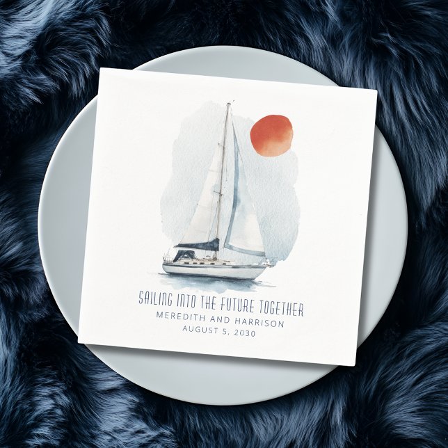 Sjöfart i framtiden tillsammans med Nautisk Bröllo Pappersservett (Sailing Into The Future Together Sailboat Wedding Napkins)