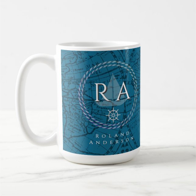 Sjöfart rep monogram karta blå kaffemugg (Vänster)
