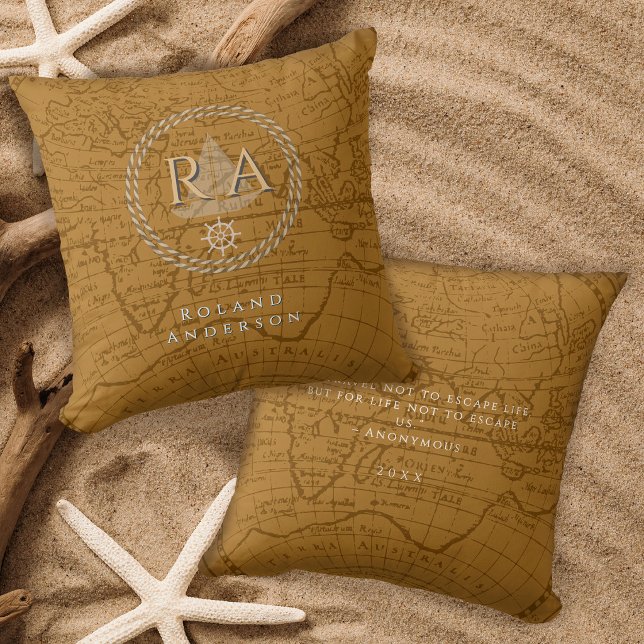 Sjöfart Rep Monogram Karta Brun Kudde (Nautical Rope Monogram Map Brown Throw Pillow)