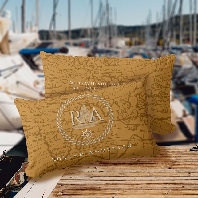 Sjöfart rep Monogram Karta Brun Lumbarkudde (Nautical Map Monogram Traveller Brown Accent Pillow.)