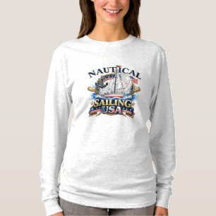 Sjöfart Segelbåt Ankar Ocean Grafik Lång T Shirt