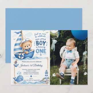 Sjöfart Teddybjörn Segelbåt 1-års Födelsedagsfoto Inbjudningar