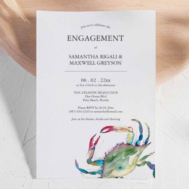 Sjöfarts Krabba Engagemangs Inbjudningar (Nautical crab engagement invitations features unique art and design by Victoria Grigaliunas)