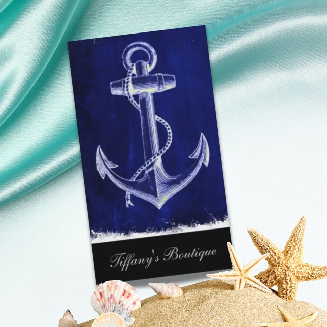 Sjöfartsankare vid kustsjöfartens blå chic visitkort (beach navy blue coastal chic nautical anchor business card)