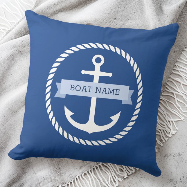 Sjöfartsankarfartyg gräns namn på banderoll kudde (Nautical anchor rope border boat name on banner throw pillow)