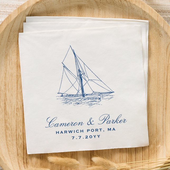 Sjöfartsbåtens Elegant Nautical Navy Blue Bröllop Pappersservett (Sailboat Elegant Yacht Club Nautical Wedding Napkins in Navy Blue designed by Concertina Press)