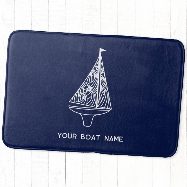 Sjöfartsflottans blåa vid Namn Badrumsmatta (Personalized boat name sailing boat or yacht navy blue bath mat)