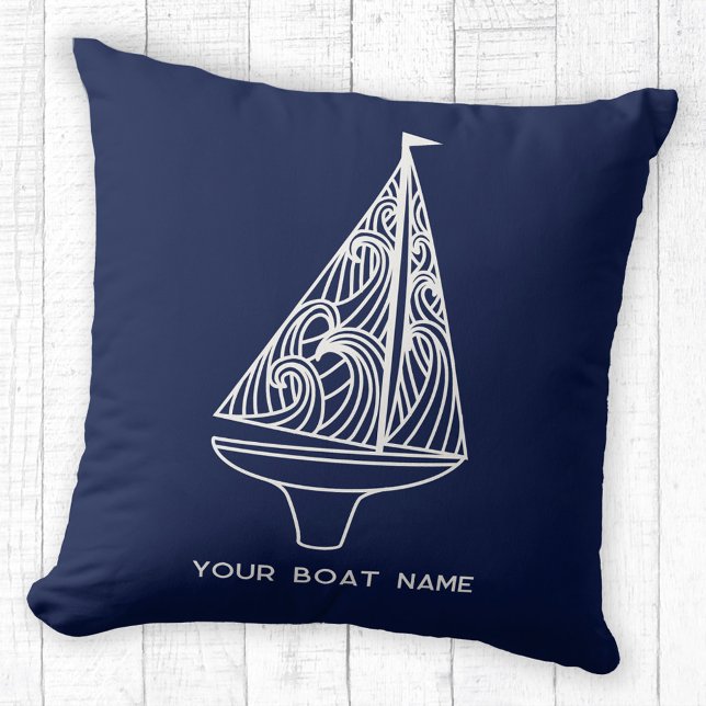Sjöfartsflottans blåa vid Namn Kudde (Your boat name custom text sailing boat yacht navy blue throw pillow)