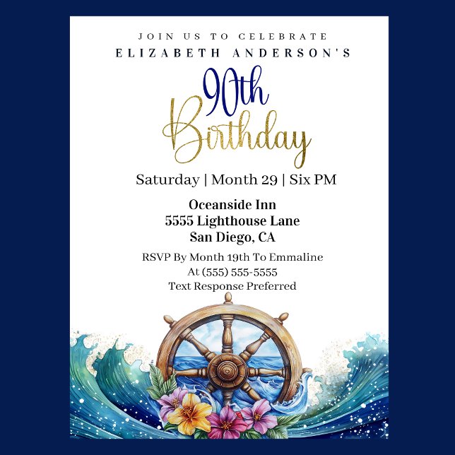Sjöfartshjälp Navigationshjul 90-årsdag Inbjudningar (Nautical sailing wheel ocean waves floral 90th birthday invitation in navy blue and gold
)