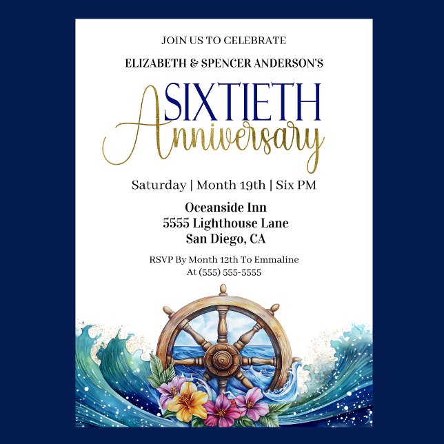 Sjöfartshjul 60-års bröllopsjubileum inbjudningar (Nautical 60th wedding anniversary invitation with ship wheel, ocean waves, and tropical flowers )