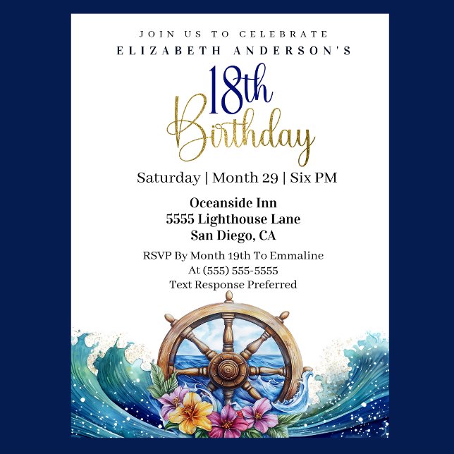 Sjöfartshjul för segelbåt 18-årsdag inbjudningar (Nautical sailing wheel 18th birthday invitation with ocean waves and tropical flowers
)