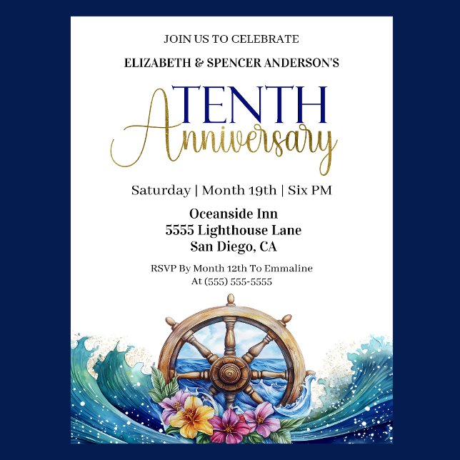 Sjöfartshjul för segling 10-års bröllopsdag inbjudningar (Nautical 10th wedding anniversary invitation with navy blue and gold text, ship wheel and ocean wave)