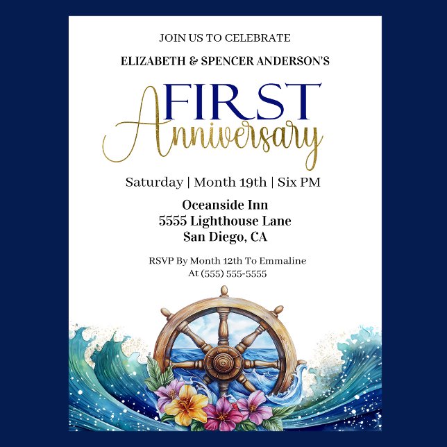 Sjöfartshjul för segling 1-års bröllopsdag inbjudningar (Nautical 1st wedding anniversary invitation with navy blue and gold text, ship wheel and ocean wave)