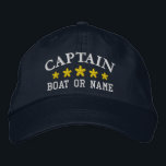 Sjöfartskapten Boat Namn Guld Stars marinblå marin Broderad Keps<br><div class="desc">Segla i stil med en personlig med broderad hatt med din kapten rank eller annan önskad titel tillsammans med ditt namn eller Boat Namn och fem guld-stjärnor. Flera socklar och tråd färg att välja mellan. Gör en underbar anpassningsbar för Fars dag,  födelsedagar eller tillfälle.</div>
