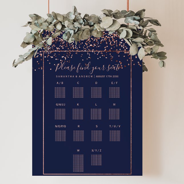 Sjöfartsschemat för marint blått bröllop i Ro guld Poster (Rose gold confetti navy blue wedding seating chart)