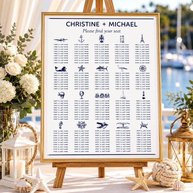 Sjöfartssymboler för Bord Bröllop Poster (This seating chart in a nautical theme has symbols that represent the guest tables.
)
