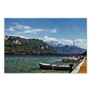 Sjöfartyg och berg i Annecy frankriken Fototryck