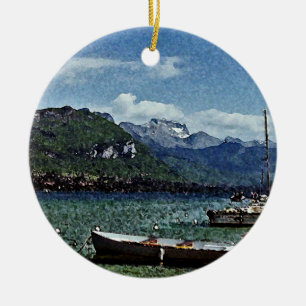 Sjöfartyg och berg i Annecy frankriken Julgransprydnad Keramik