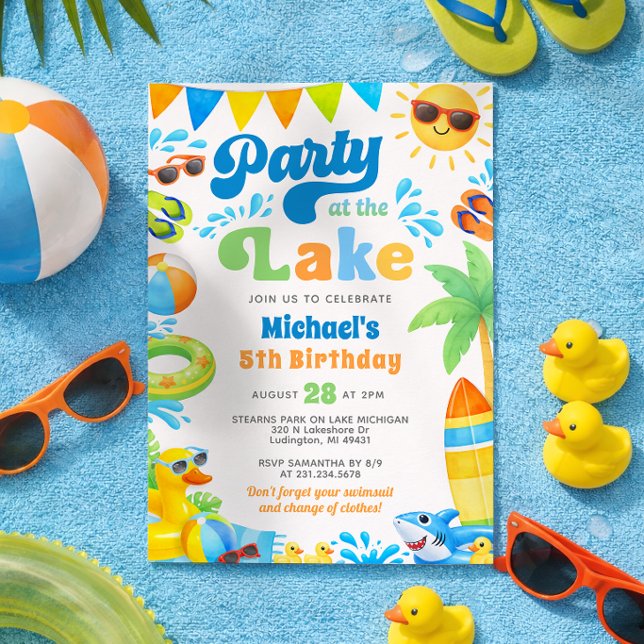 Sjöfest sommar strand födelsedagsinbjudan inbjudningar (Lake Party Birthday Invitation - Boy Summer Birthday - Duck and Shark Theme )