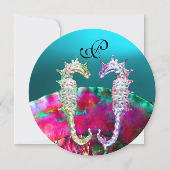 SJÖFOSER BEACH WEDDING MONOGRAM, rosa blue black Inbjudningar (Framsida)