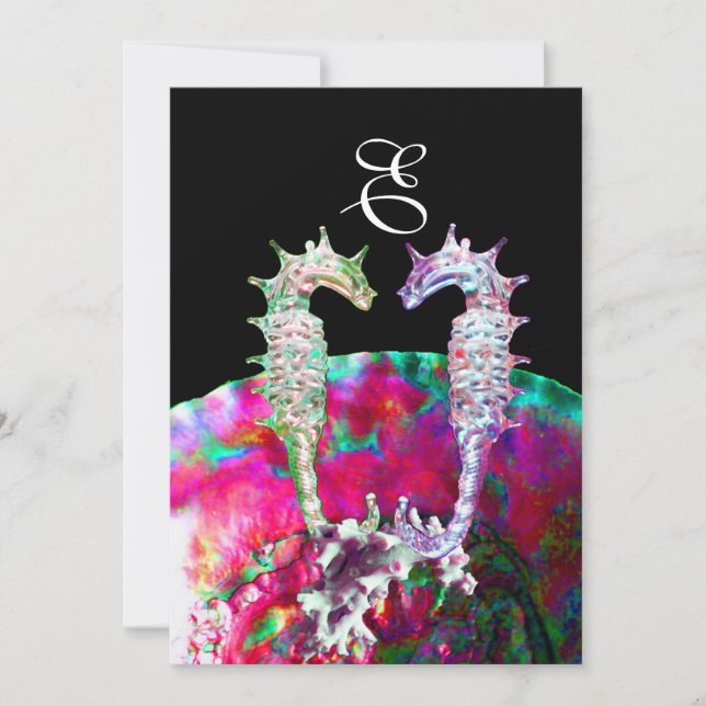 SJÖFOSER BEACH WEDDING MONOGRAM, rosa blue black Inbjudningar (Framsida)
