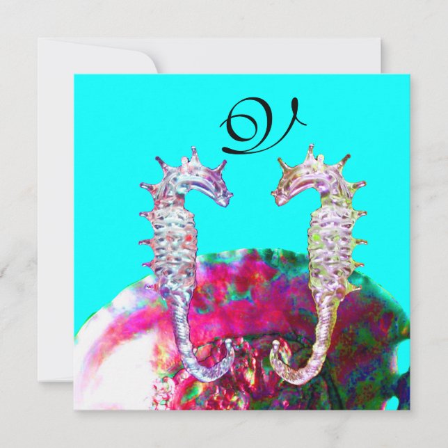 SJÖFOSER BEACH WEDDING MONOGRAM, rosa blue black Inbjudningar (Framsida)