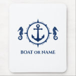 Sjöhäftens nautiska ankare din båt eller Namn blå Musmatta<br><div class="desc">Nautisk sjöhäst och förankrad kapten Din Personlig Namn eller Boat Namn Mouse Pad.</div>