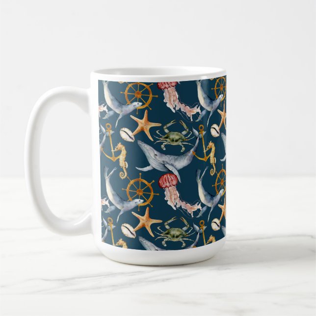 Sjöhäst, Fraktaser Hjul, valar, krabba, stjärtblåt Kaffemugg (Vänster)