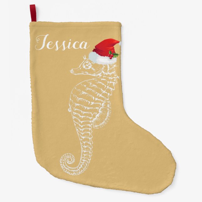 Sjöhäst med Santa Hat Stocking Stor Julstrumpa (Framsidan)