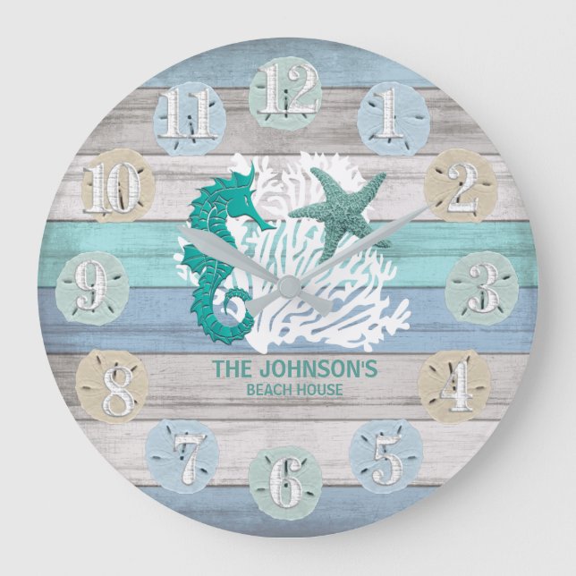Sjöhäst och Beach Wood Nautical - Blue Teal Large Stor Klocka (Framsida)