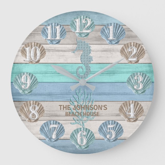 Sjöhäst och Beach Wood Nautical - Blue Teal Stor Klocka (Framsida)