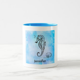 Sjöhäst och sjögränssnitt på Blue Watercolor Två-Tonad Mugg