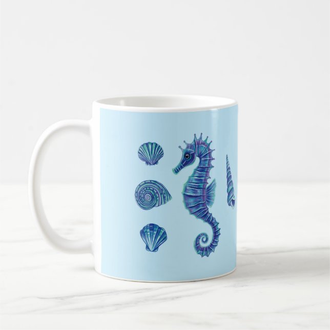 Sjöhäst och Snäckor (blå och turkos) Kaffemugg (Vänster)