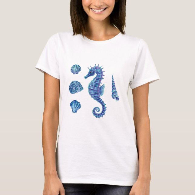 Sjöhäst och Snäckor (blå och turkos) T Shirt (Framsida)