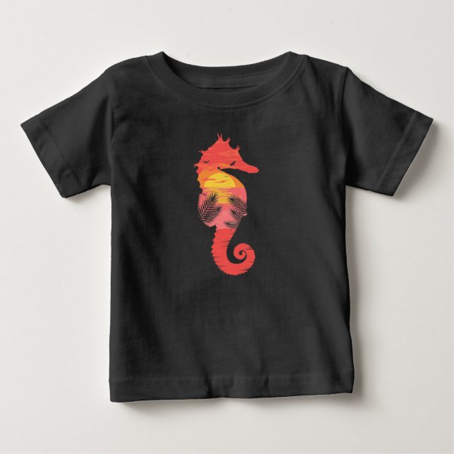 Sjöhäst Siluett Tropisk Ocean Solnedgång T Shirt (Framsida)