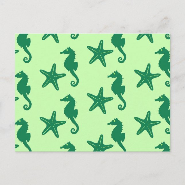 Sjöhäst & sjöstjärna - lime och smaragdgrön vykort (Framsida)