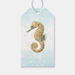 Sjöhäst Teal & Guld Vattenfärg Kustnära Strand Presentetikett