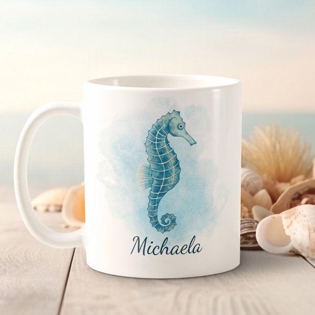 Sjöhäst Watercolor Aqua Blue Coastal Kaffemugg (Skapare uppladdad)