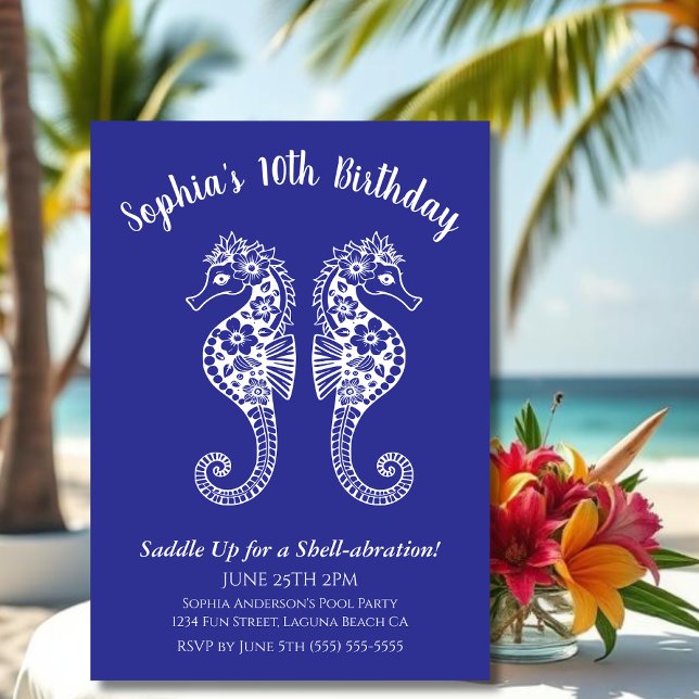 Sjöhästar-Födelsedagsfest Inbjudningar (Sea Horses-Fisherman Core-Hawaiian-Tropical-Birthday party invitations-Deep Blue)
