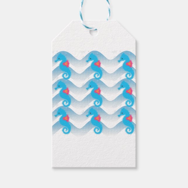 Sjöhästar och blåa Vinkara Mönster Presentetikett (Framsidan)