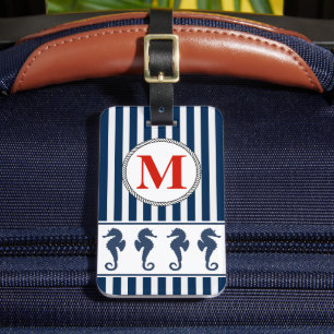 Sjöhästar och Rand Nautical Monogram Bagagebricka