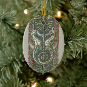 Sjöhästar och sjögräs, Vintage Art Nouveau Julgransprydnad Keramik