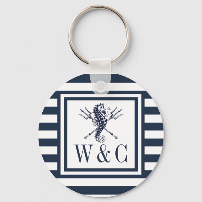 Sjöhästen Monogram Navy Blue Stripe Nautical Nyckelring (Framsida)