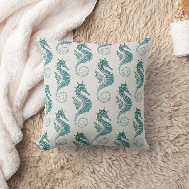 Sjöhästen Mönster Teal Cream Ocean Monogram Kudde (Filt)