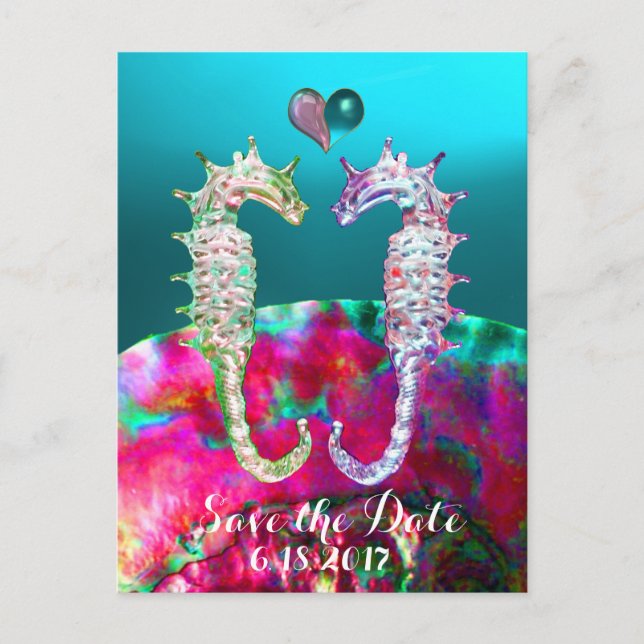 SJÖHJORTAR I KÄRLEK,BLÅ ROSA PÄRLOR,Save the Date Meddelande Vykort (Framsida)