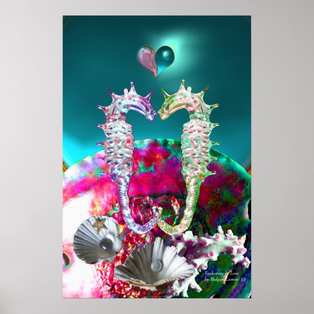 SJÖHJORTAR I KÄRLEK, ROSA TURKOS BLÅ PÄRLMOR POSTER (Framsidan)