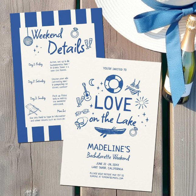 Sjöhus Möhippa Kärlek Sjö Blå Randig Inbjudningar (lakehouse bachelorette party weekend invitation love on the lake lakeside bride hand drawn blue)